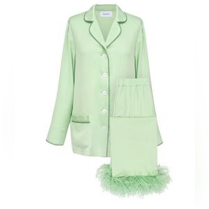 Green Sleeper brand pajamas with feathers